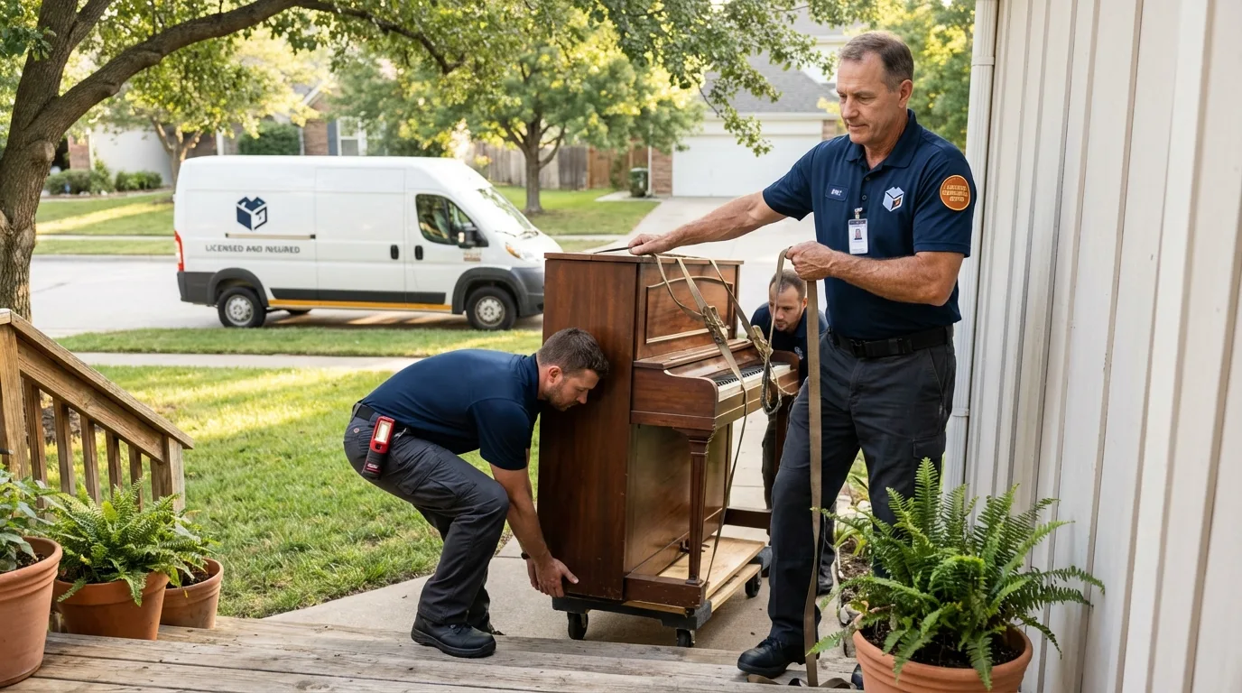 Licensed piano movers securing grand piano in Rockville Centre, NY