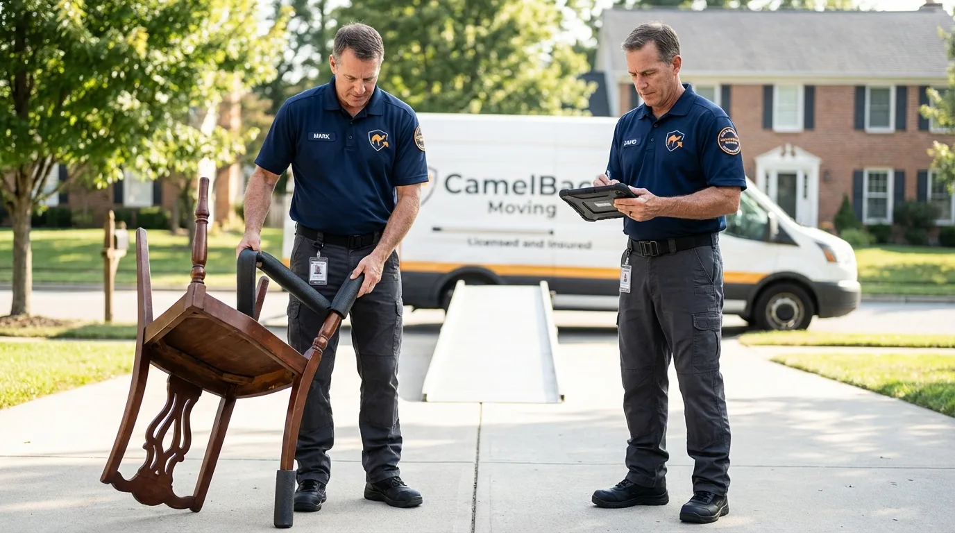 Movers inspecting furniture for damage prevention before loading in Rockville Centre, NY