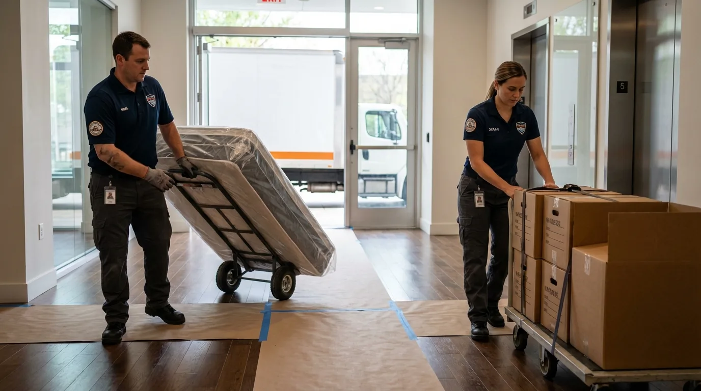 Professional apartment movers loading elevator in Rockville Centre, NY