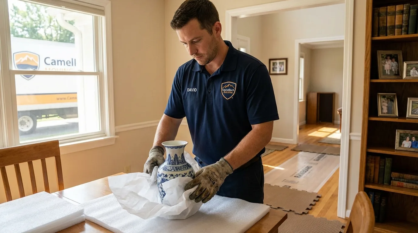 Professional crew carefully wrapping antique vase for senior downsizing move in Rockville Centre, NY